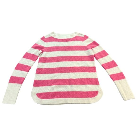 LOFT Pink and White Striped Fuzzy Warm Textured Shirttail Sweater Size Large - Picture 2 of 12